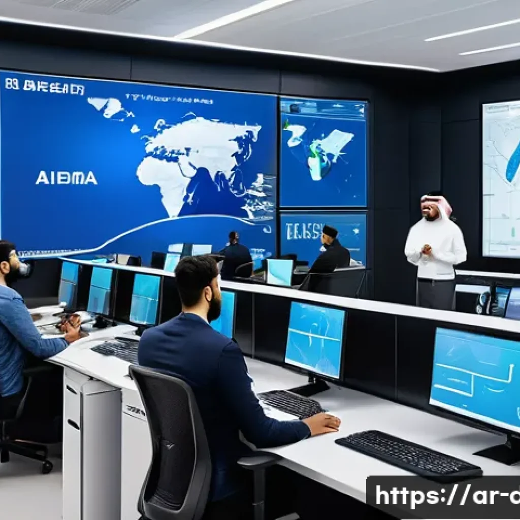 유통관리사 취득 후 실무 교육 과정 - A modern logistics control room in a Middle Eastern distribution center, featuring diverse Arabic-sp...