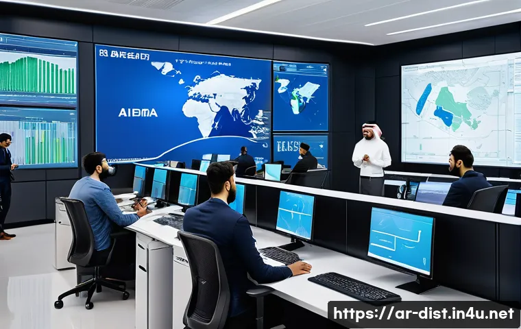 유통관리사 취득 후 실무 교육 과정 - A modern logistics control room in a Middle Eastern distribution center, featuring diverse Arabic-sp...