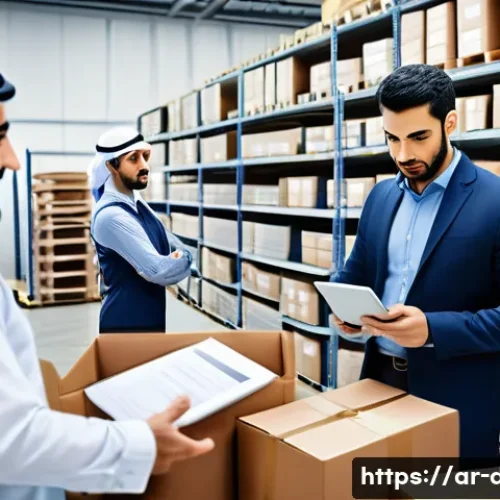 Home 33 유통관리사와 B2B 유통 업무 차이 - A professional Middle Eastern distribution center interior scene, showcasing diverse Arab men and wo...