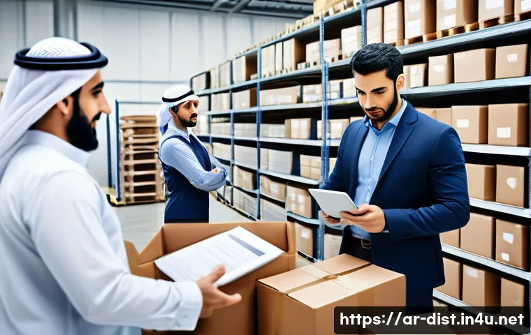 유통관리사와 B2B 유통 업무 차이 - A professional Middle Eastern distribution center interior scene, showcasing diverse Arab men and wo...