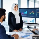 Home 19 유통관리사 관련 학위와의 연계성 - A professional Middle Eastern businesswoman in modern office attire, confidently leading a diverse t...