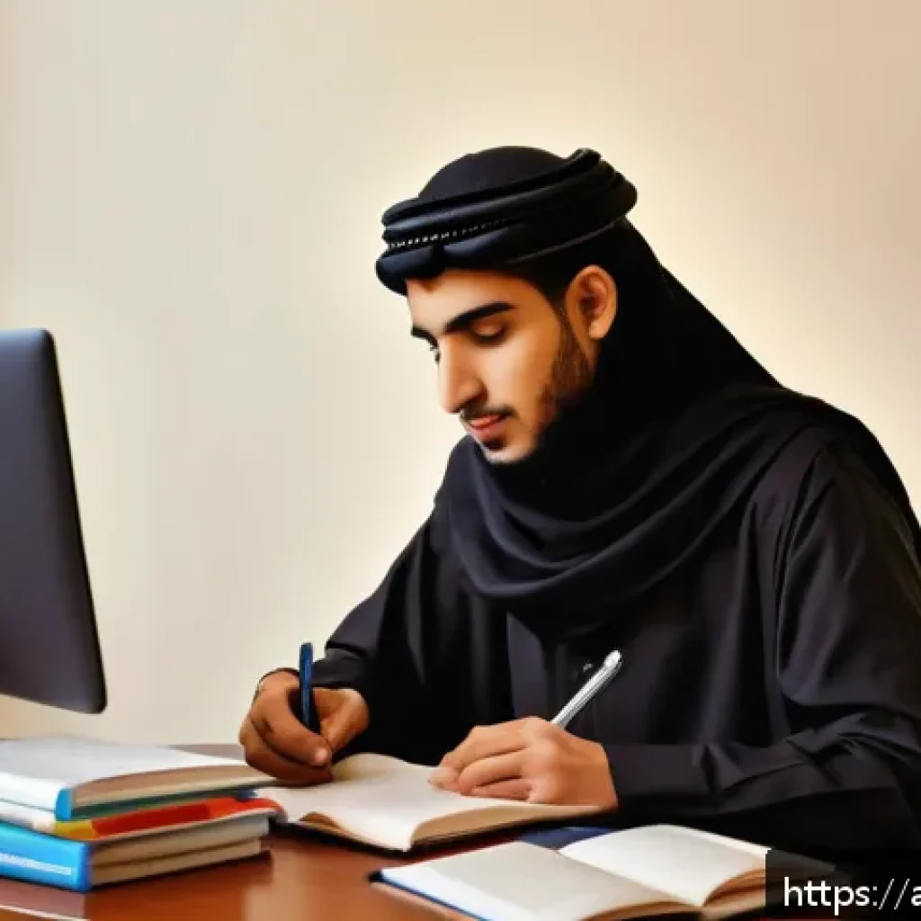 유통관리사 시험 합격생 인터뷰 - A focused young Arab student studying distribution management at a tidy desk with Arabic textbooks, ...