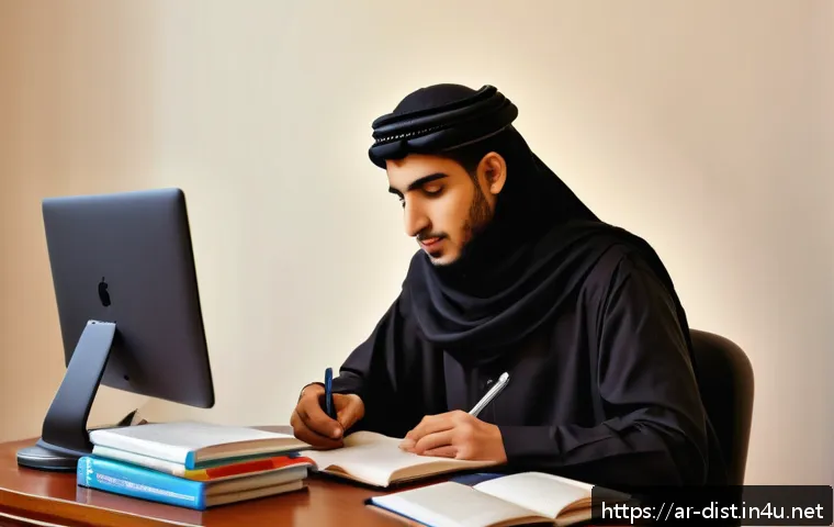 유통관리사 시험 합격생 인터뷰 - A focused young Arab student studying distribution management at a tidy desk with Arabic textbooks, ...