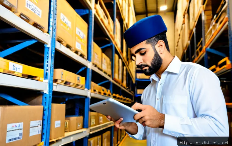 유통관리사 자격증의 필요성 - Photorealistic modern distribution center in an Arab Gulf city, confident Arab logistics professiona...